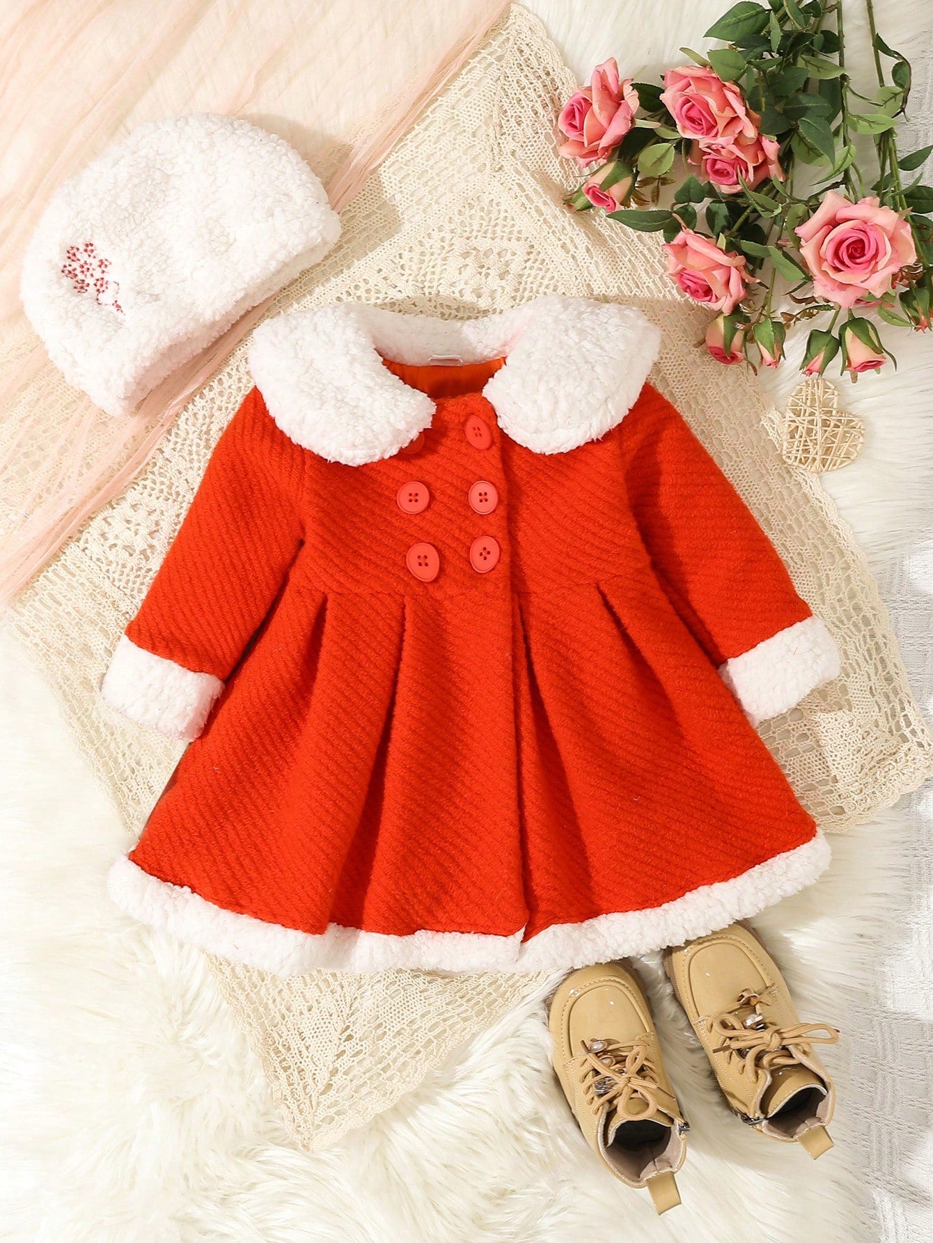 Baby Girl Borg Collar Double Breasted Fold Pleated Overcoat & Hat