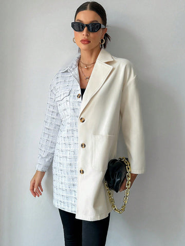 Plaid Pattern Drop Shoulder Pocket Patched Overcoat