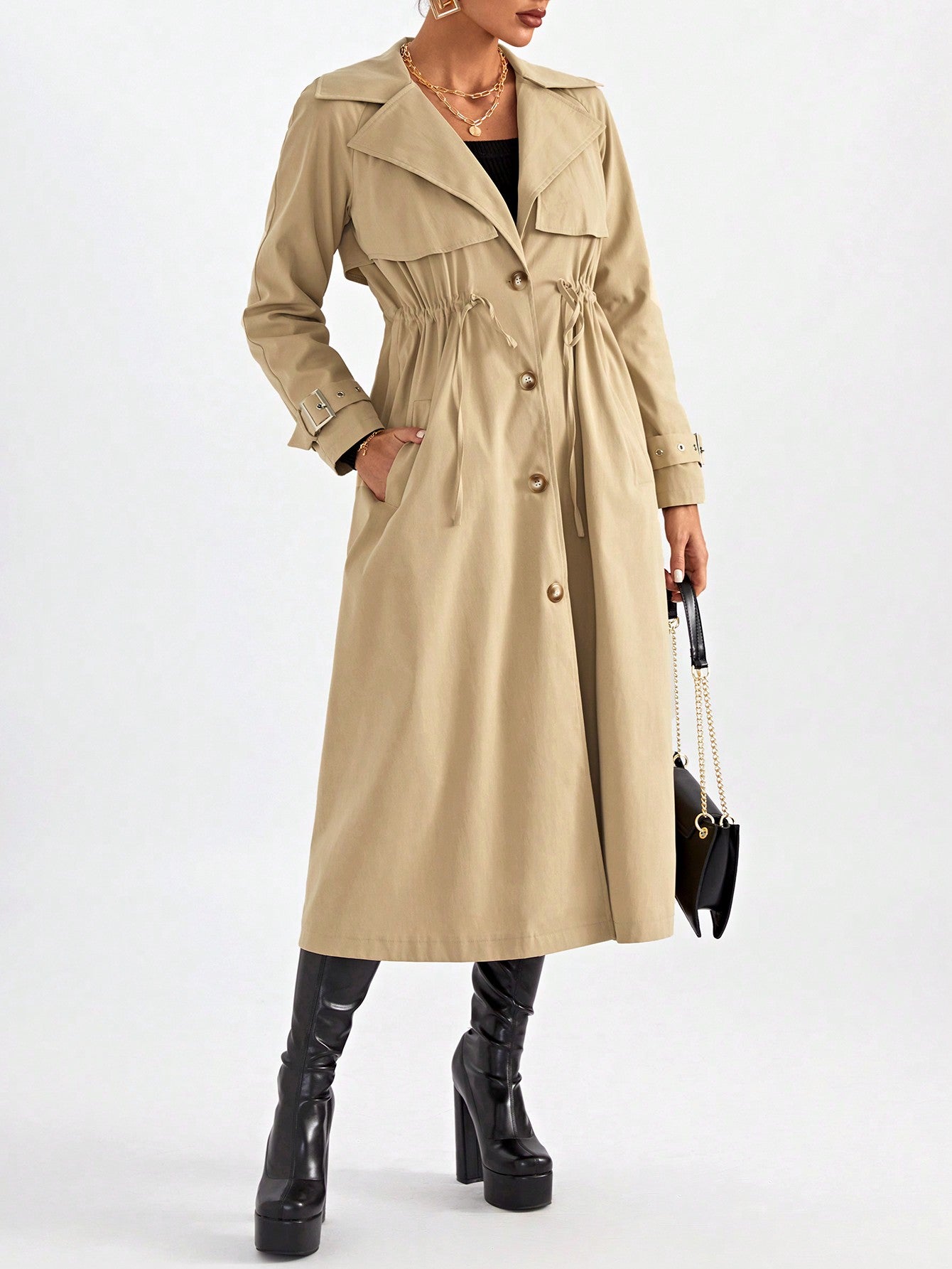 Lapel Neck Drawstring Waist Trench Coat