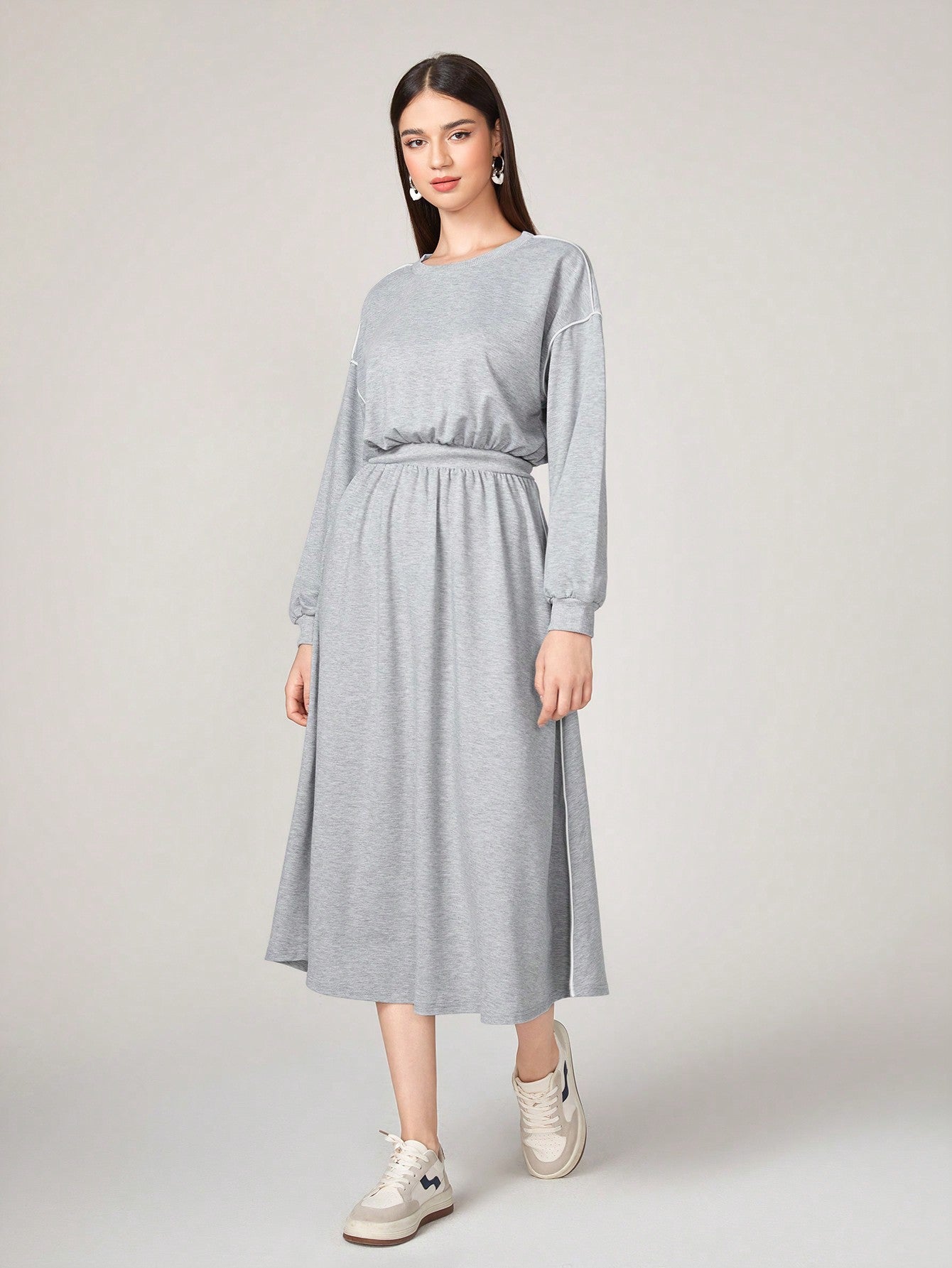 Solid Drop Shoulder Elastic Waist Sweatshirt Dress