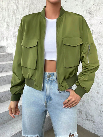 Flap Pocket Drop Shoulder Bomber Jacket