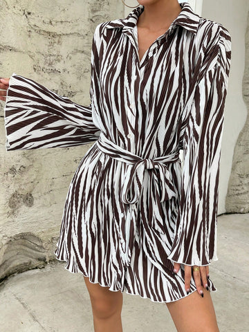 Zebra Striped Print Belted Shirt Dress