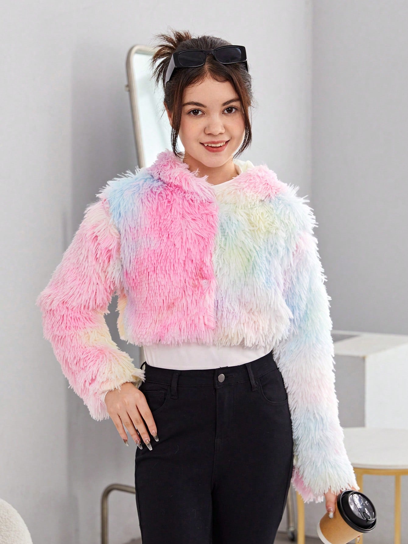 Teen Girls Tie Dye Drop Shoulder Fuzzy Jacket