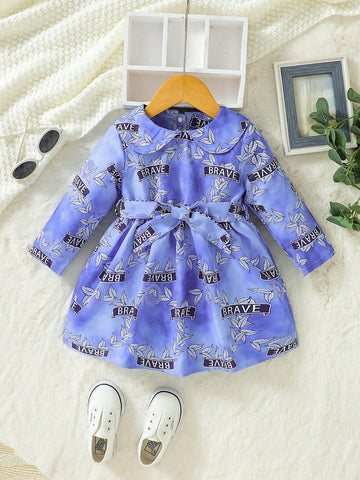 Baby Girl Letter Graphic Peter Pan Collar Belted Dress