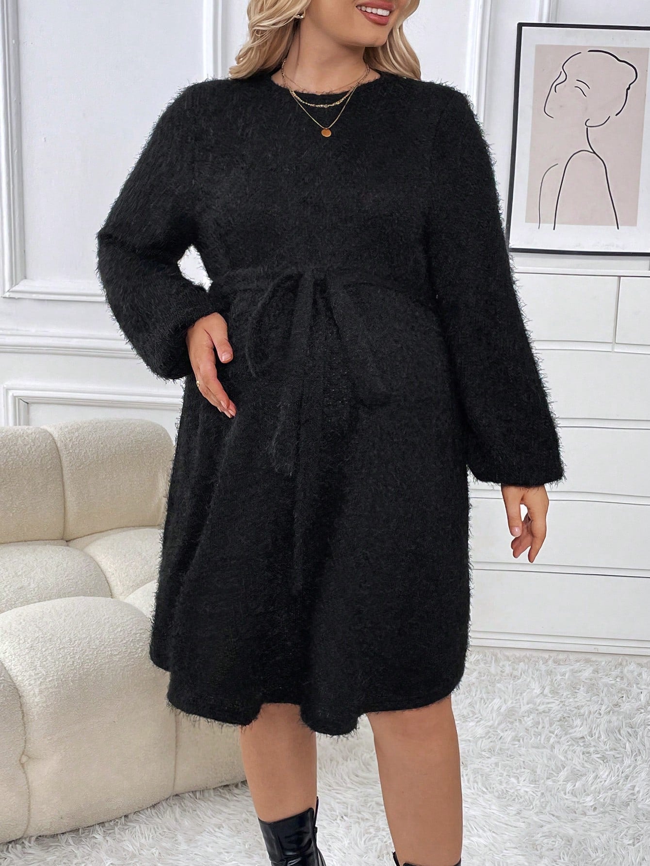 Maternity Plus Solid Belted Fuzzy Dress