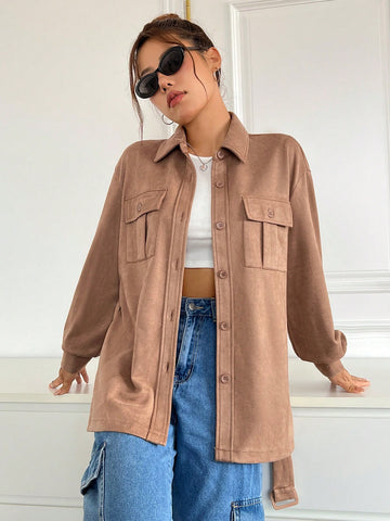 Flap Pocket Drop Shoulder Belted Coat