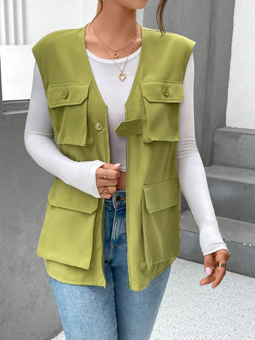 Flap Pocket Button Front Vest Jacket