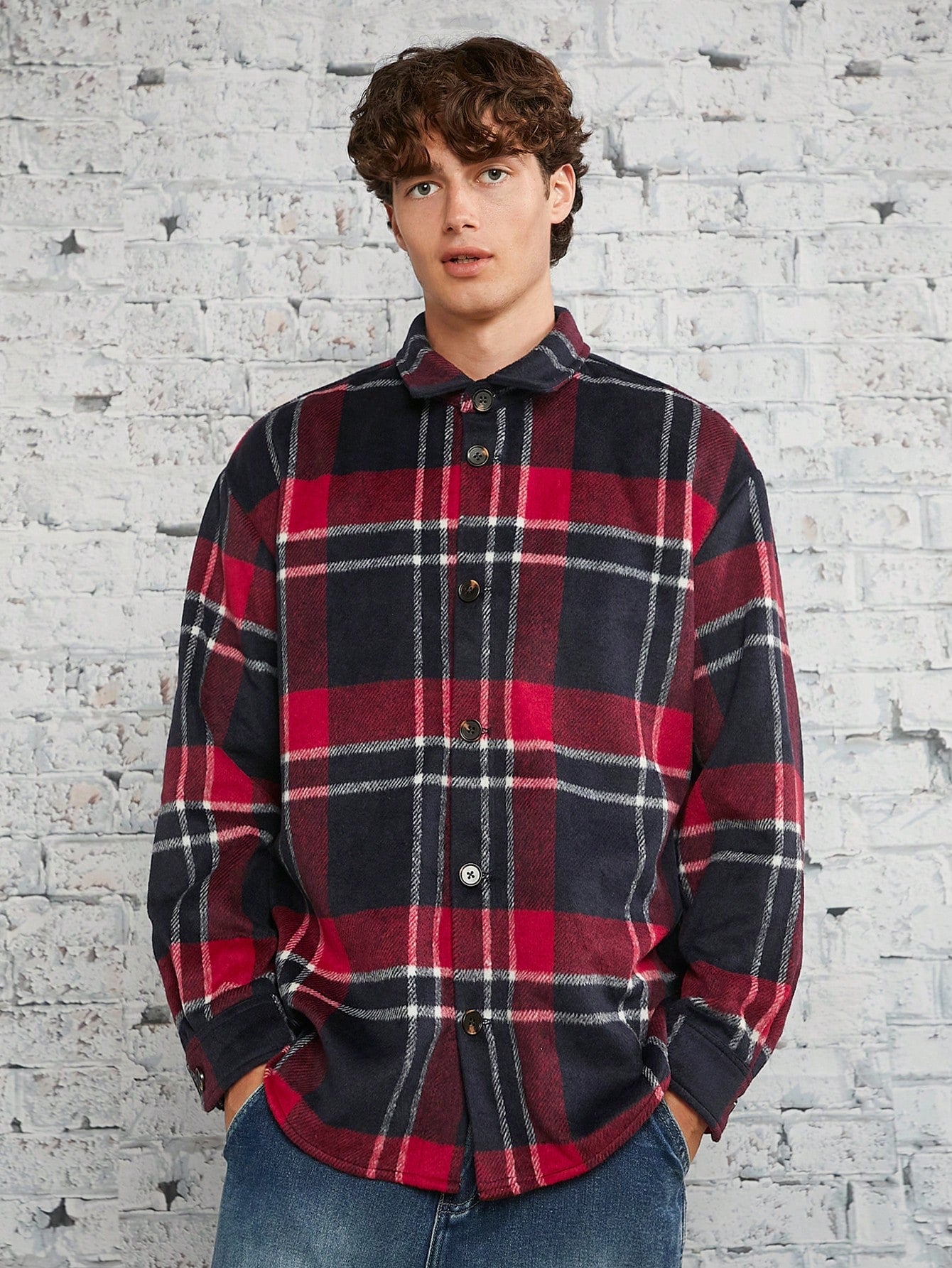 Loose Fit Men's Plaid Printed Button-Front Coat