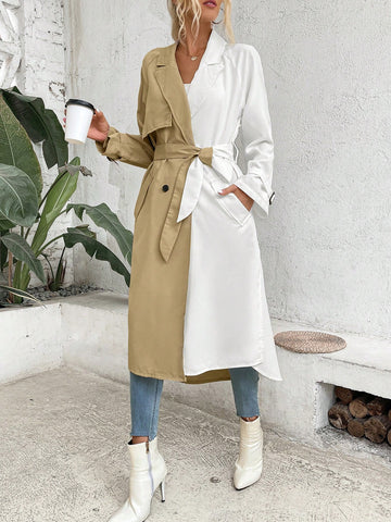 Two Tone Double Breasted Belted Trench Coat