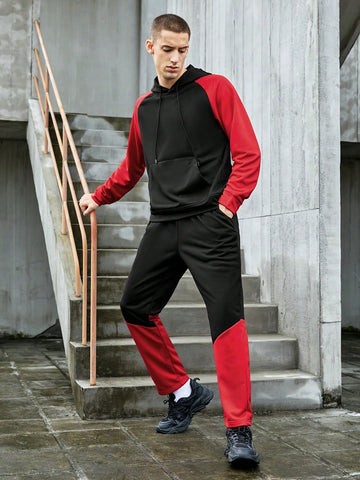 Men Colorblock Kangaroo Pocket Drawstring Sports Hoodie & Sweatpants, Athletic Suit, Tracksuit Workout Set