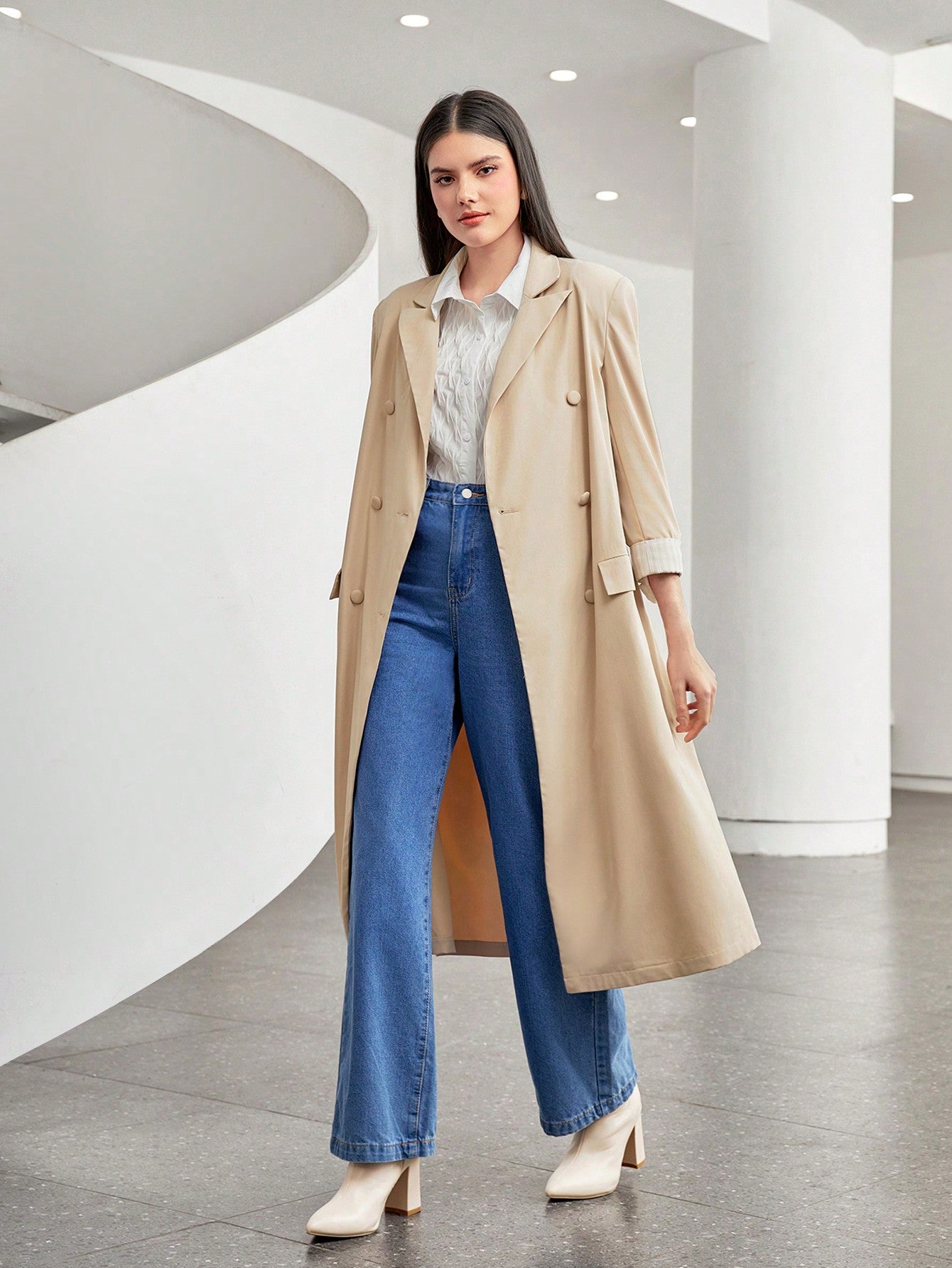 Lapel Neck Double Breasted Belted Coat