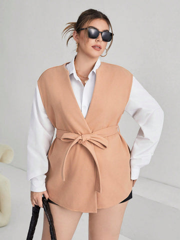 Plus Solid Belted Vest Overcoat Without Blouse