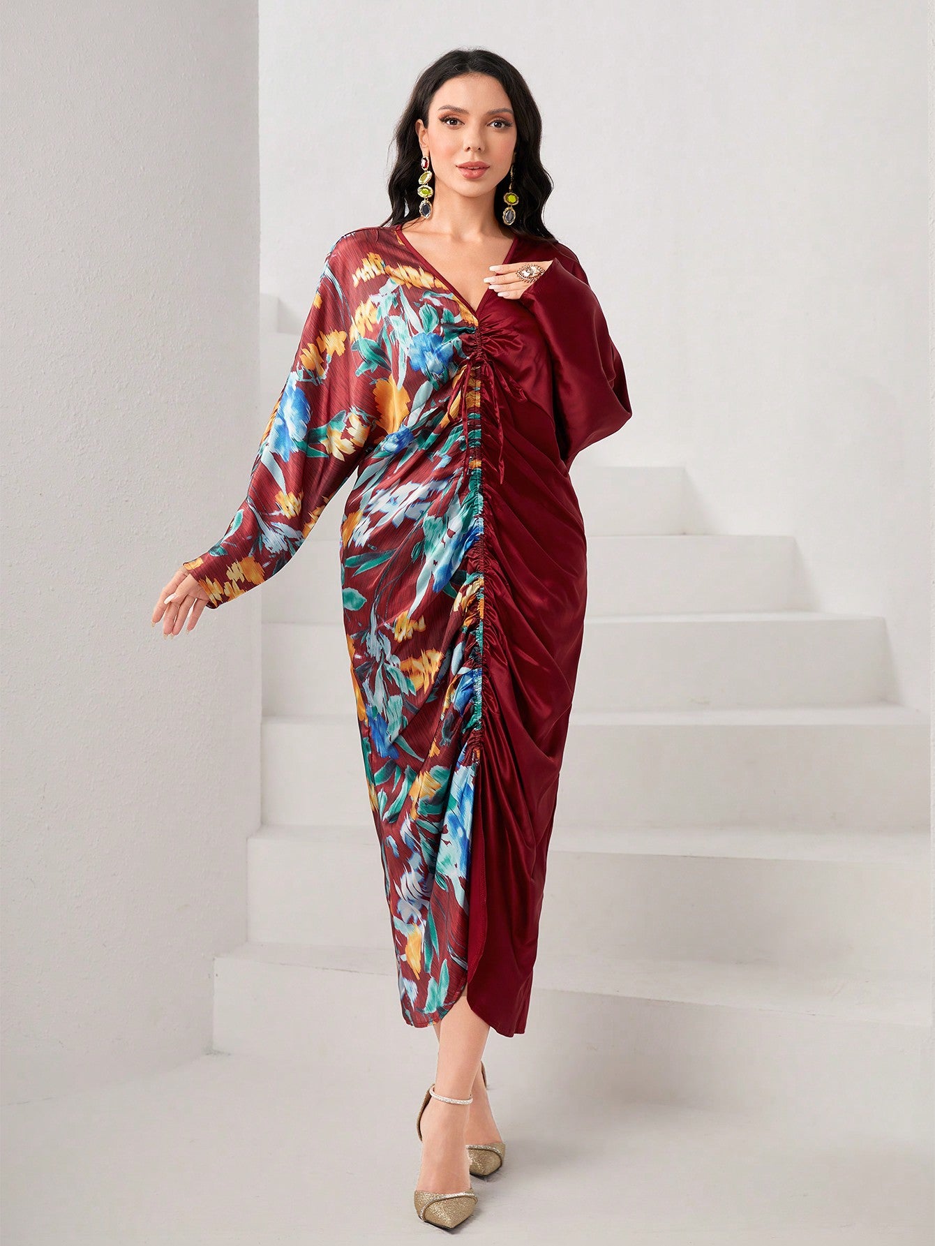 Floral Print Ruched Front Batwing Sleeve Dress