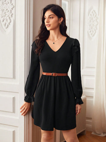 V Neck Ruffle Trim Flounce Sleeve Dress Without Belt