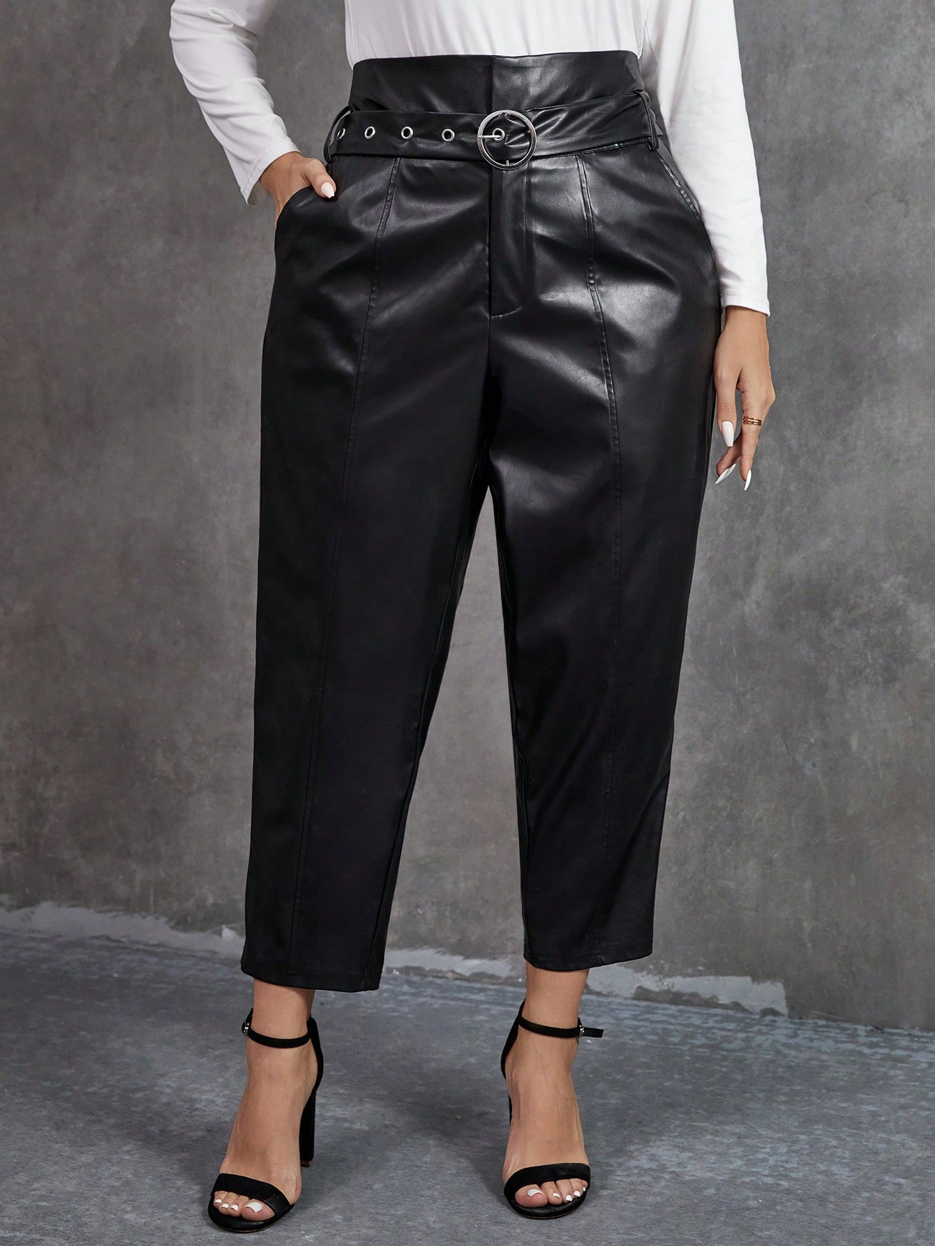 Plus Belted PU Leather Pants