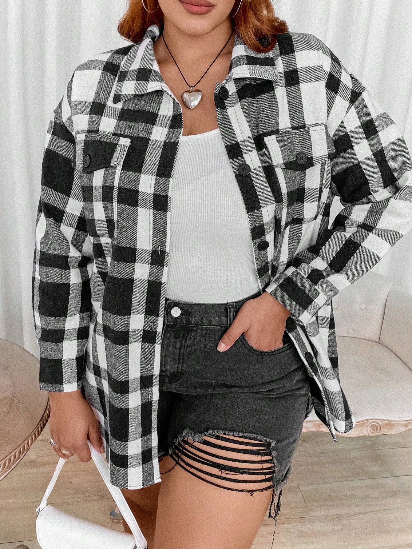 Plus Plaid Print Drop Shoulder Overcoat