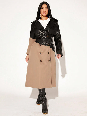 Two Tone Double Breasted Belted Trench Coat