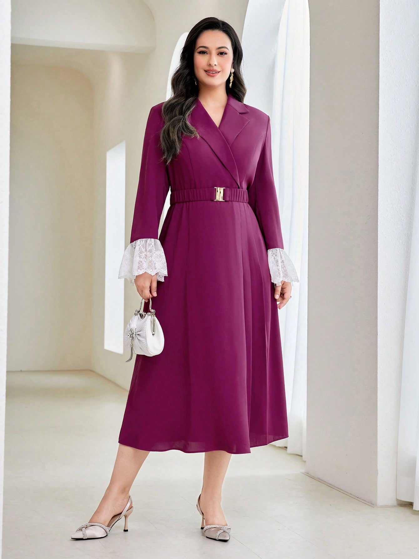 Plus Lapel Collar Contrast Lace Flounce Sleeve Belted Dress Dress For Churches