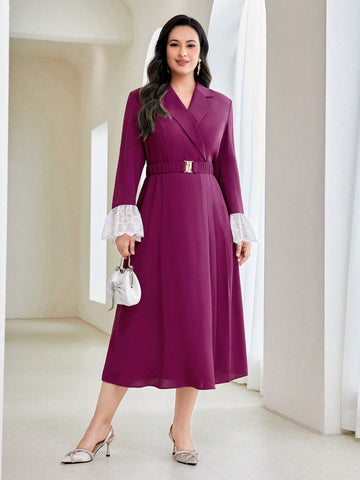 Plus Lapel Collar Contrast Lace Flounce Sleeve Belted Dress Dress For Churches