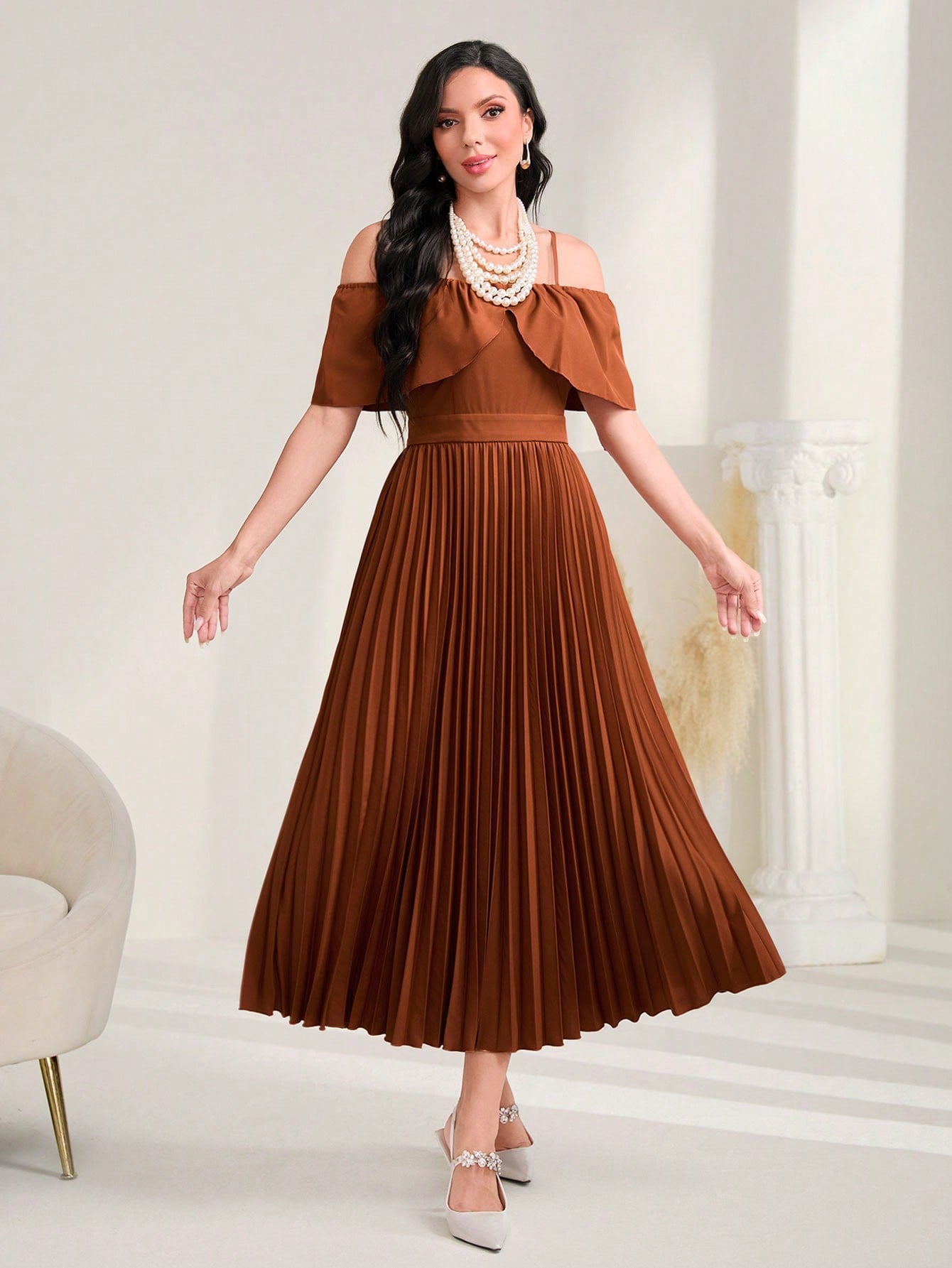 Cold Shoulder Pleated Hem Dress