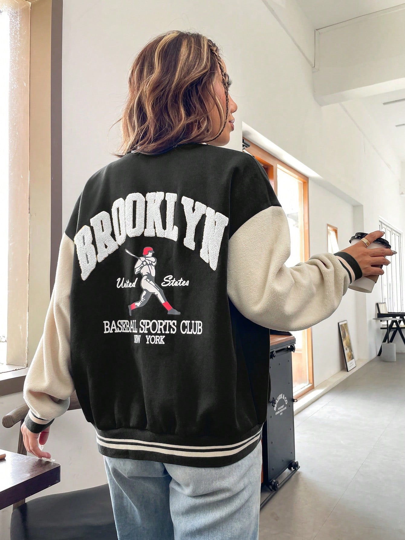 Letter Graphic Two Tone Drop Shoulder Varsity Jacket