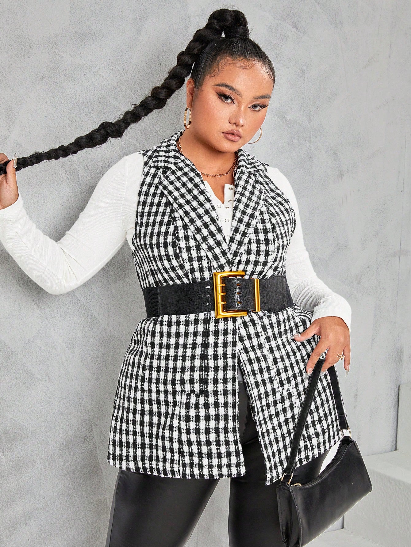 Plus Plaid Print Vest Overcoat Without Belt