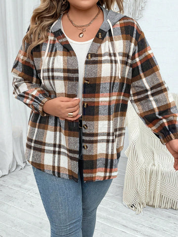 Plus Plaid Print Drop Shoulder Drawstring Hooded Jacket