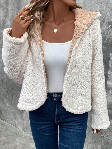 Two Tone Open Front Hooded Teddy Jacket