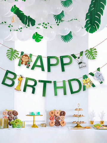 1pc Forest Animal Birthday Banner, Jungle Zoo Theme Happy Birthday Party Decoration With Monkey Giraffe Animal Design