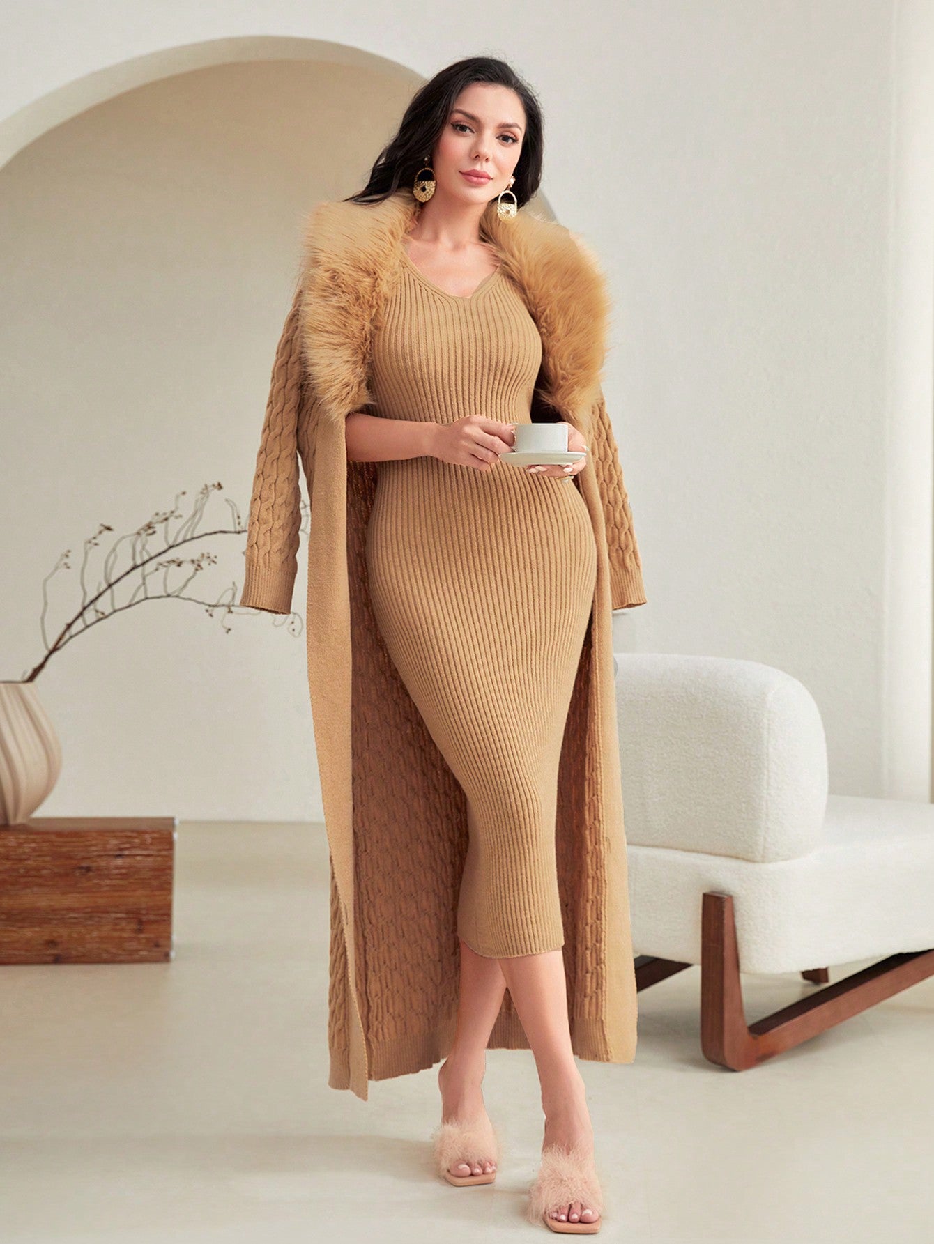 Solid Bodycon Sweater Dress & Fuzzy Trim Duster Cardigan