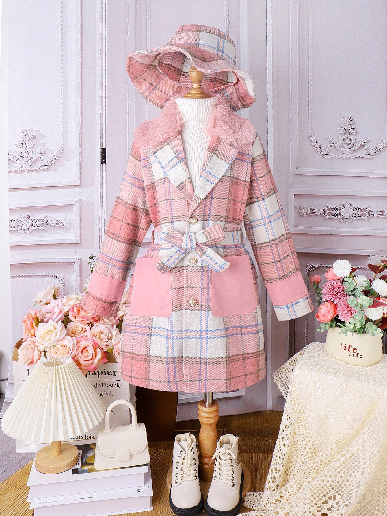 Tween Girl Plaid Print Single Breasted Fuzzy Trim Belted Overcoat & Hat