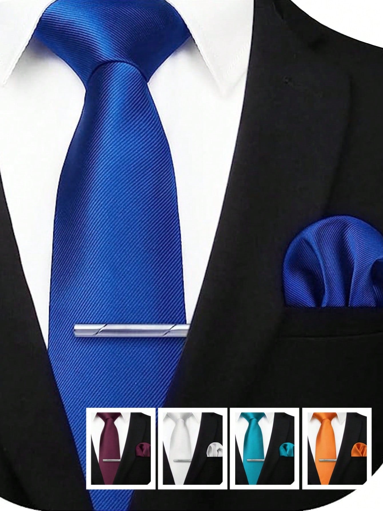 3pcs/set Men's Classic Royal Blue Silk Necktie, Pocket Square & Tie Clip For School, Wedding, Party, Graduate & Formal Business Occasions.