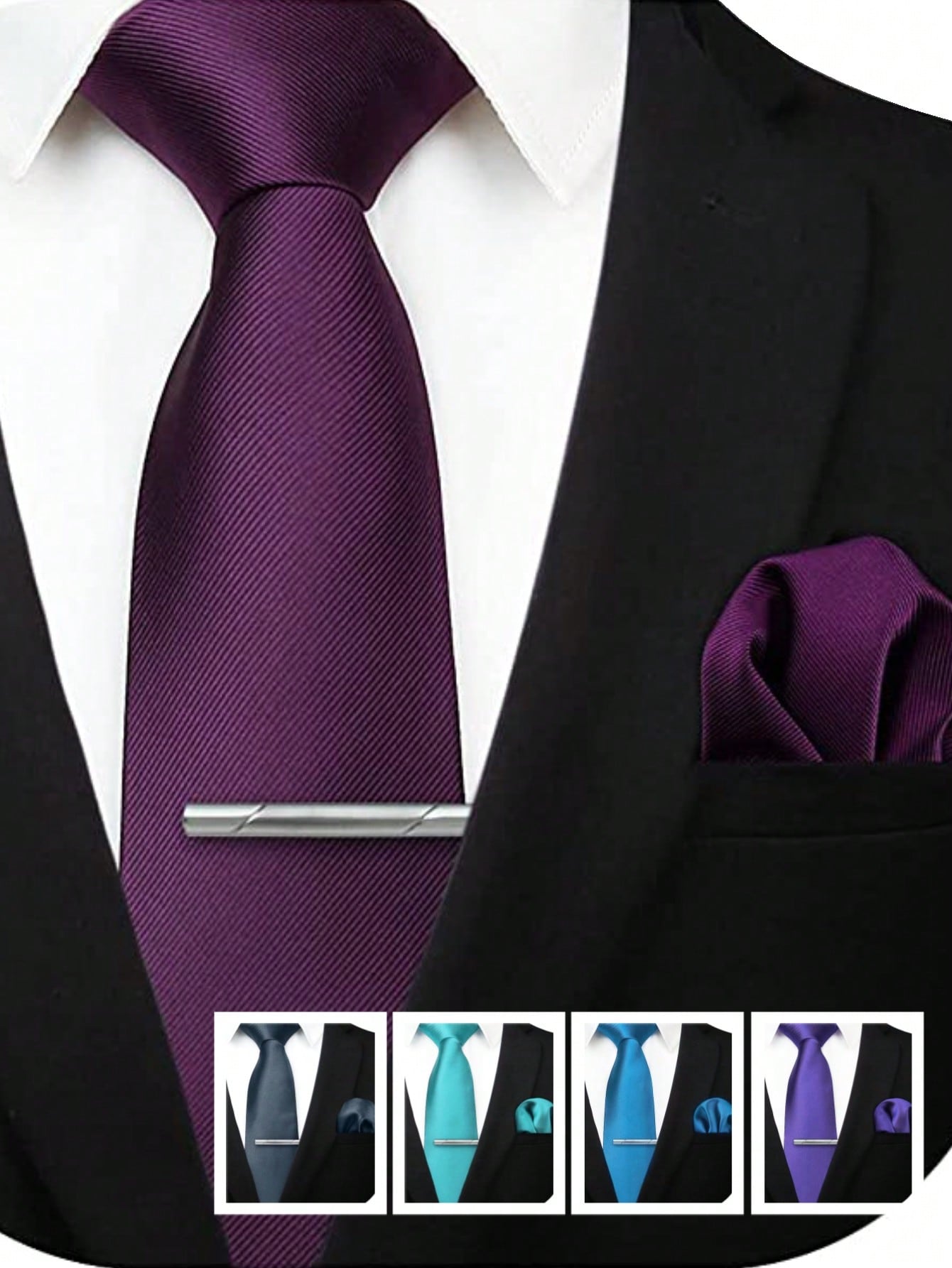 Men's Classic 3-piece Set Including 3.1 Inches (8cm) Deep Purple Red Silk Necktie, Pocket Square & Tie Clip, Suitable For School, Wedding, Party, Graduation & Formal Business Occasions.