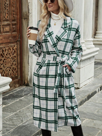 Plaid Print Drop Shoulder Belted Overcoat