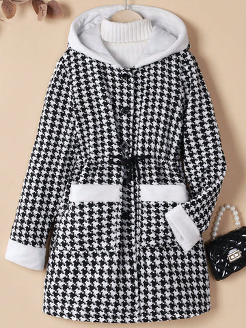 Tween Girl Houndstooth Dual Pocket Hooded Overcoat Without Sweater