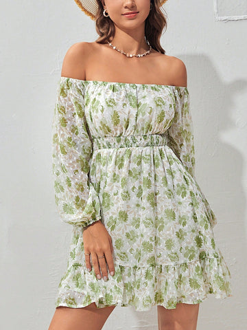 Floral Print Off Shoulder Lantern Sleeve Ruffle Hem Dress