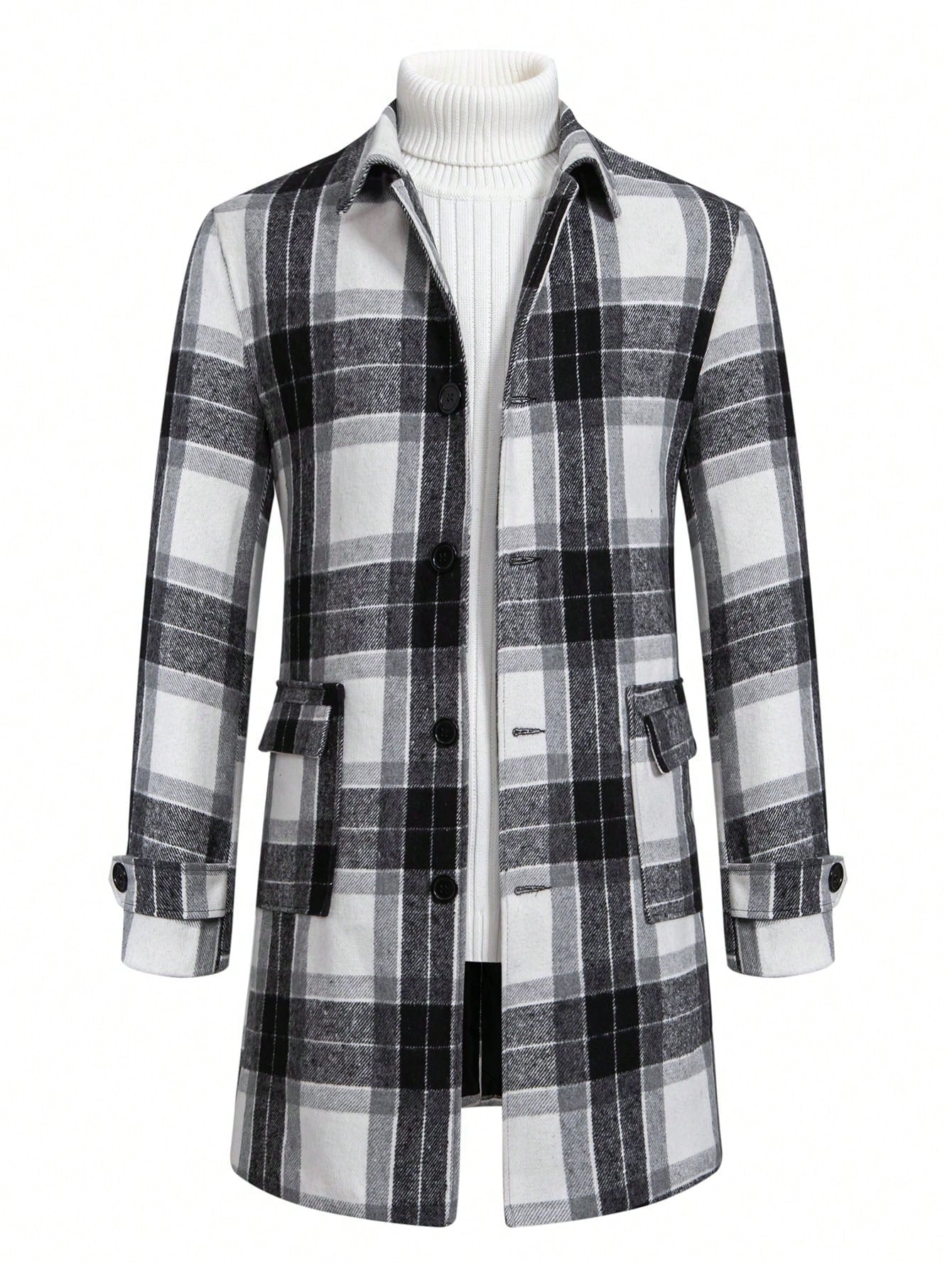 Men Plaid Print Flap Pocket Overcoat Without Sweater