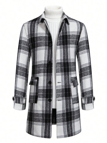 Men Plaid Print Flap Pocket Overcoat Without Sweater