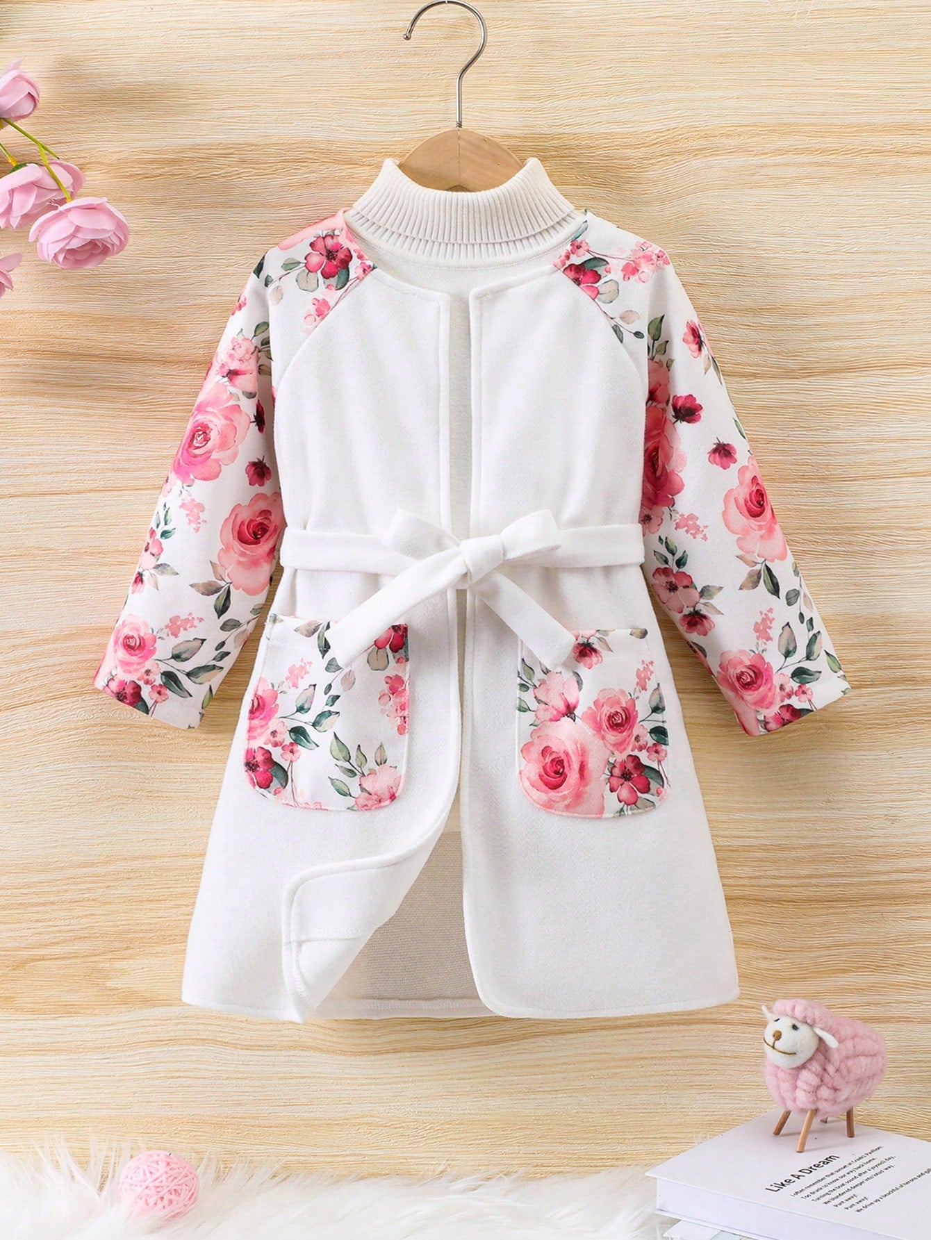 Young Girl 1pc Floral Print Raglan Sleeve Belted Overcoat