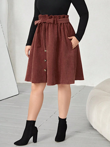 Plus Paperbag Waist Belted Corduroy Skirt