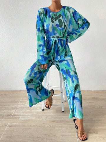 Allover Print Belted Wide Leg Jumpsuit