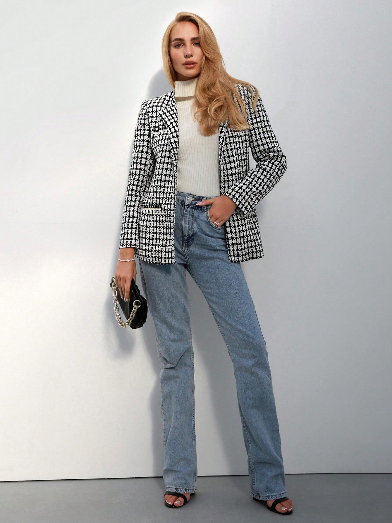 Plaid Pattern Open Front Tweed Overcoat