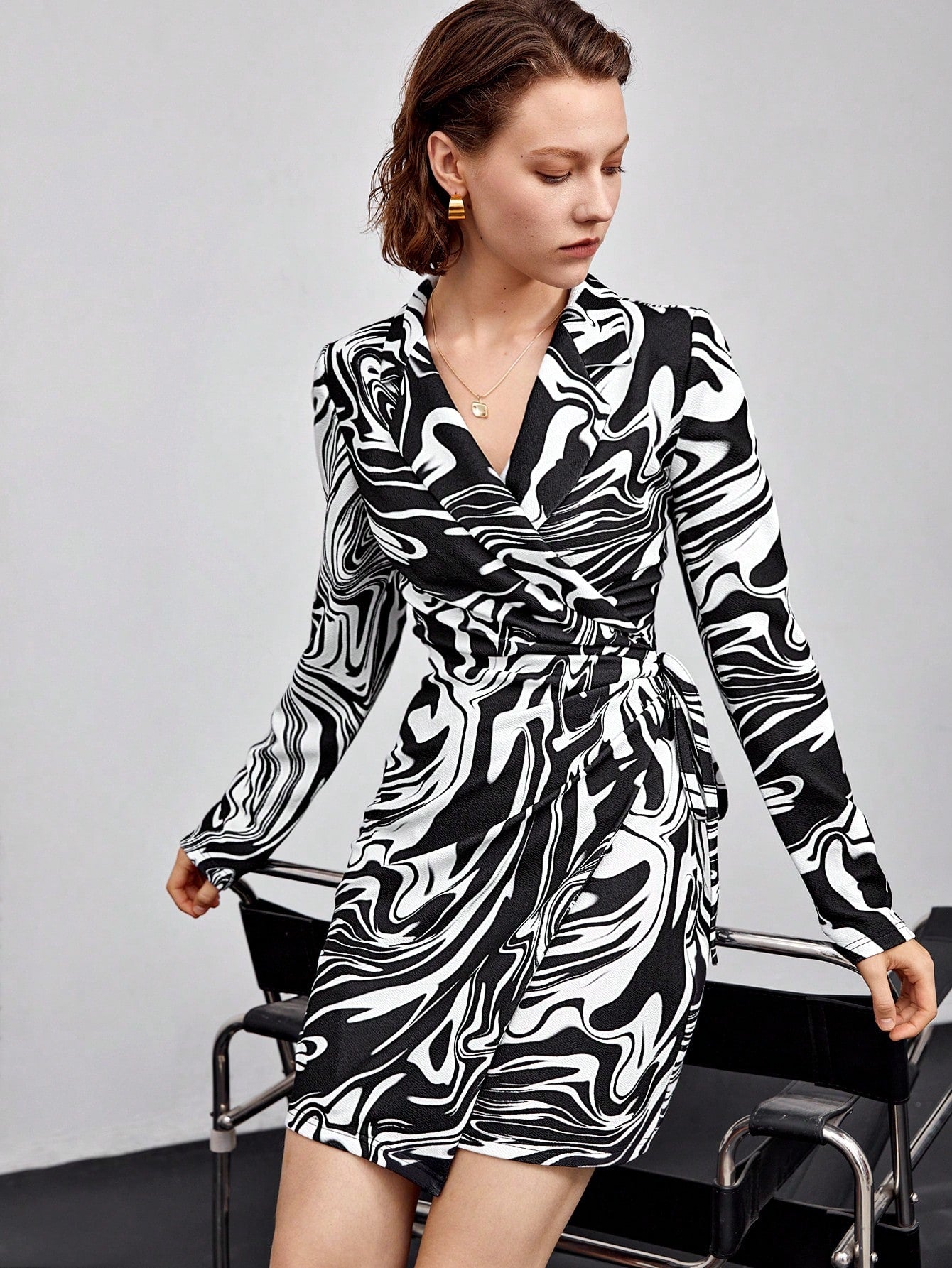 Marble Print Wrap Knot Side Dress