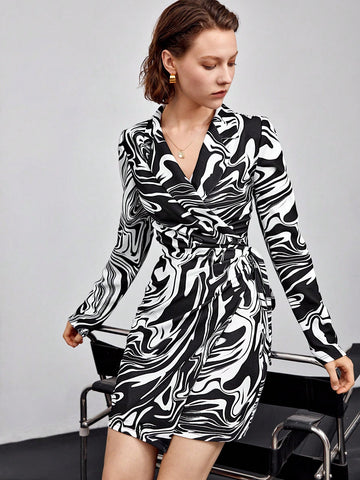 Marble Print Wrap Knot Side Dress