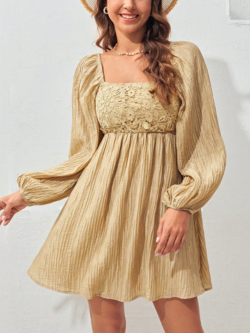 Square Neck Lantern Sleeve A-line Dress