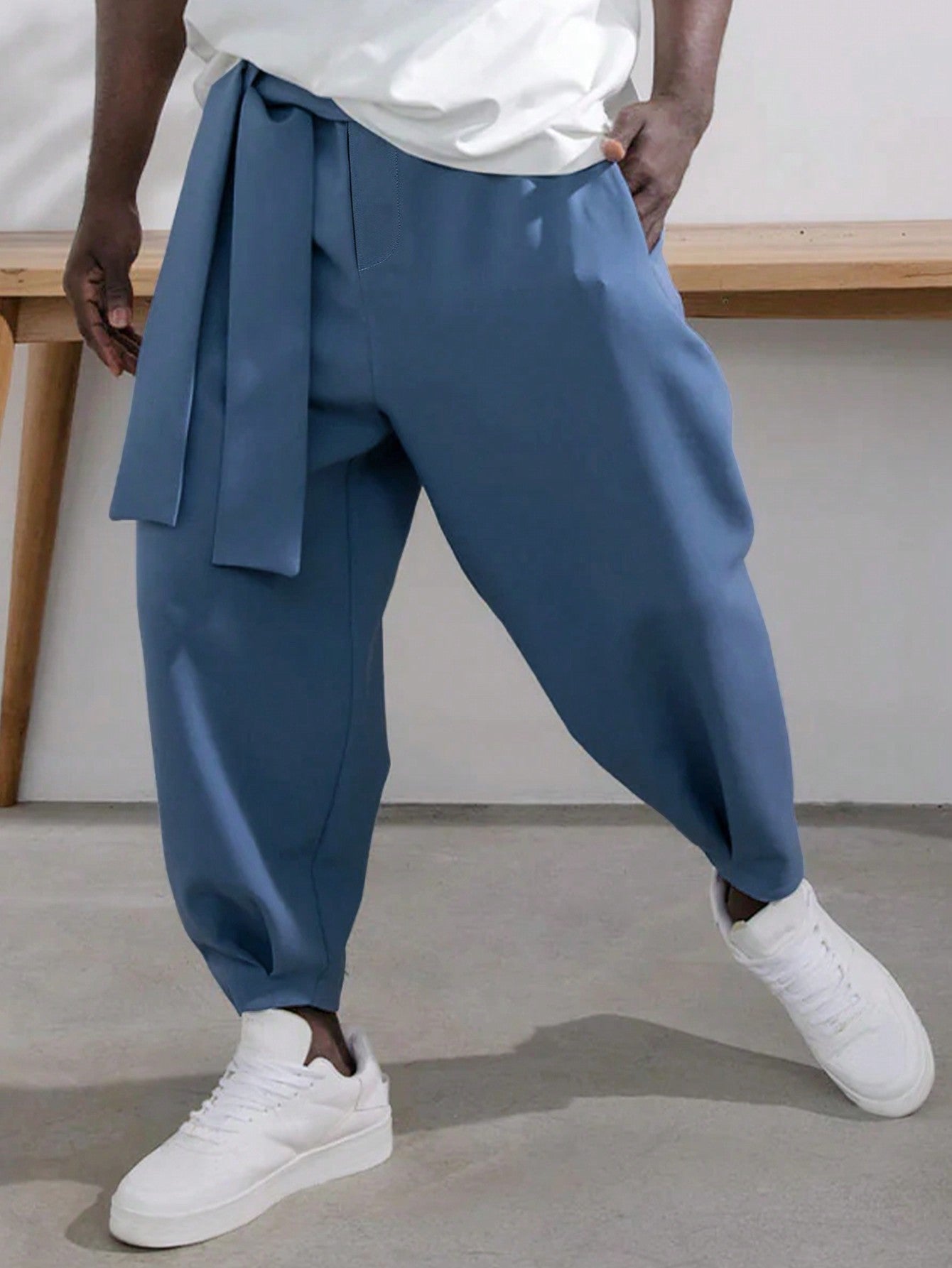 Loose Fit Men's Solid Color Belted Trousers Drawstring Harem Pants Cool Plain Light Blue Going Out