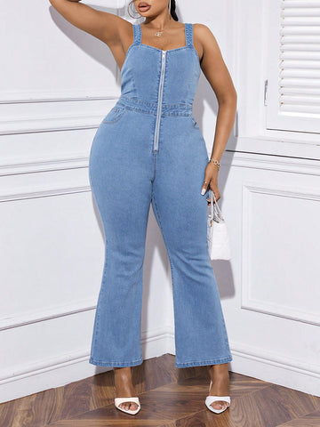 Plus Zip Up Flare Leg Denim Jumpsuit