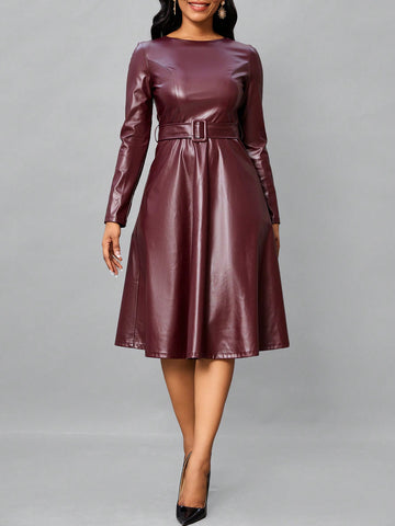 Solid PU Leather Belted Dress