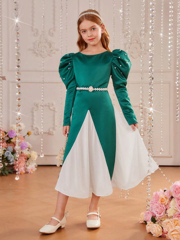 Tween Girl Two Tone Gigot Sleeve Dress Without Belt