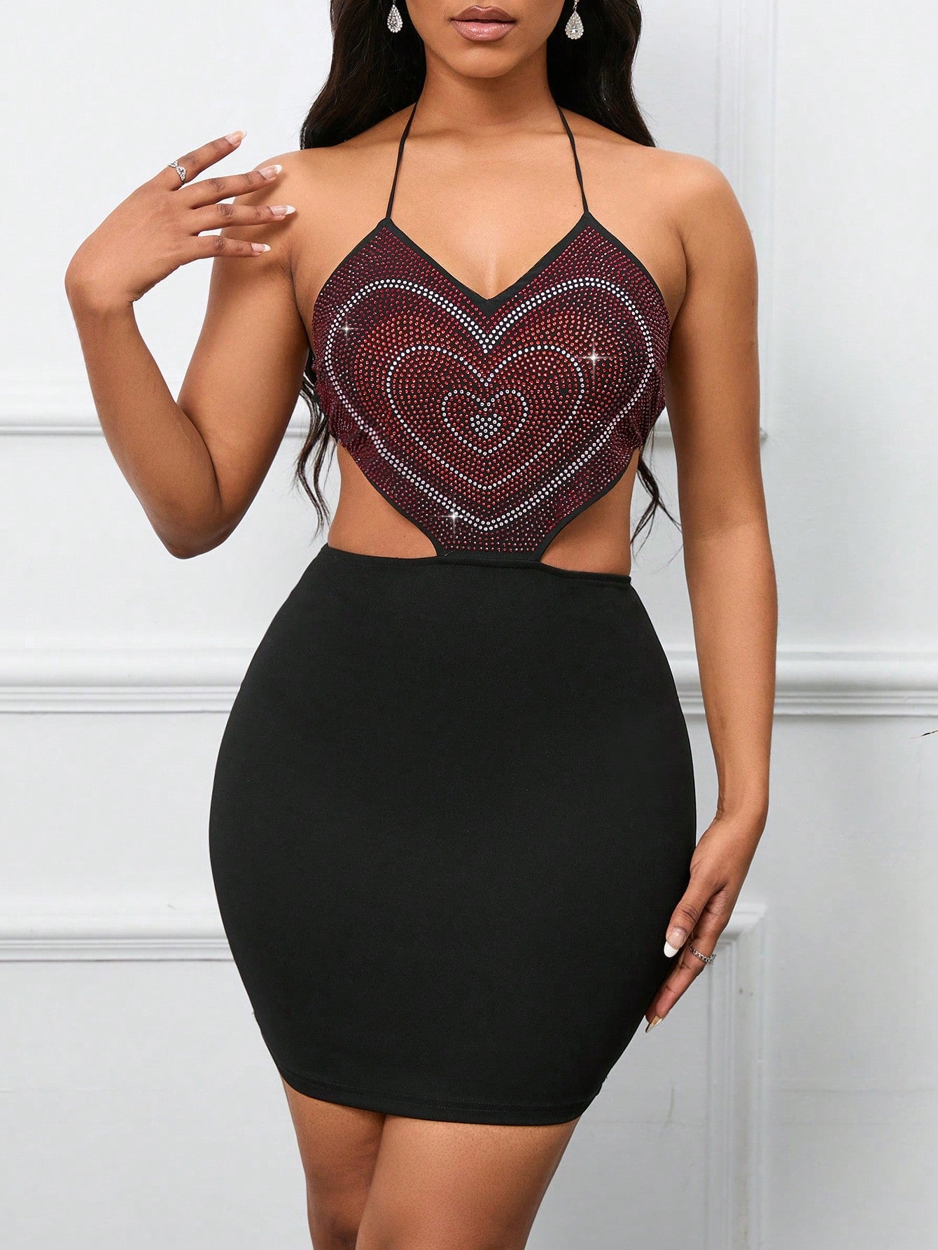 Rhinestone Heart Pattern Tie Backless Halter Neck Backless Dress